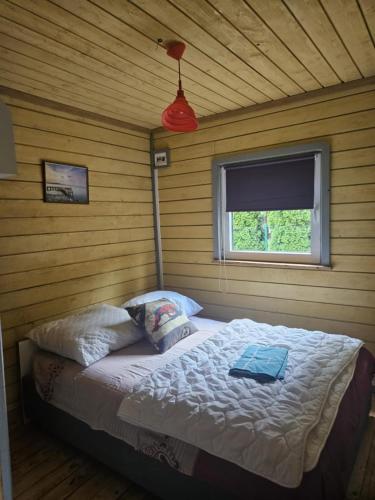 a bedroom with a bed in a room with a window at Domek skandynawski in Łuszczewo