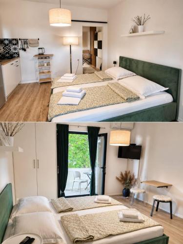 two pictures of a bedroom with two beds at Apartment Luka in Tučepi