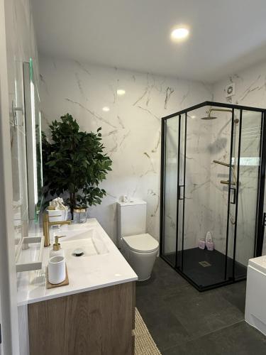 a bathroom with a shower and a toilet and a sink at Casa na Colina - Private Pool & Jacuzzi in Santiago da Guarda