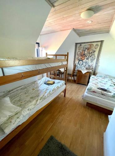 two bunk beds in a room with wooden floors at Tryde 1303 B&B på Österlen in Tomelilla