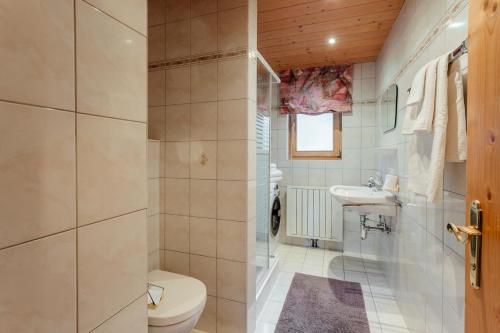 a bathroom with a shower and a toilet and a sink at Appartement RUDI by MoniCare in Reith bei Seefeld