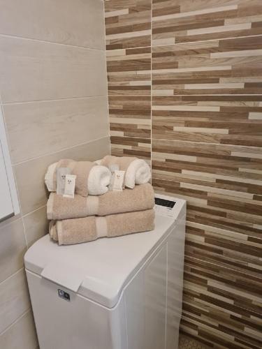 a bathroom with two towels on top of a washing machine at Appartement SISI by MoniCare in Seefeld in Tirol