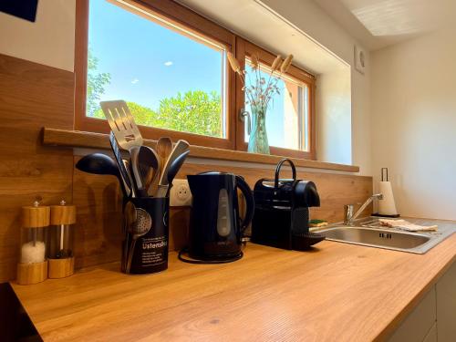 a kitchen counter with a coffee pot and utensils at Entre Terre et Vignes - Studio climatisé in Marlenheim