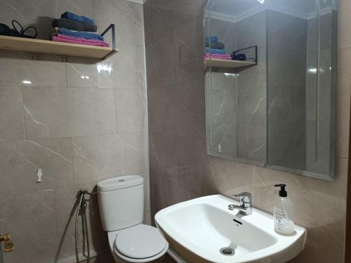 a bathroom with a toilet and a sink and a mirror at Casa Montse-Izquierda in Colombres