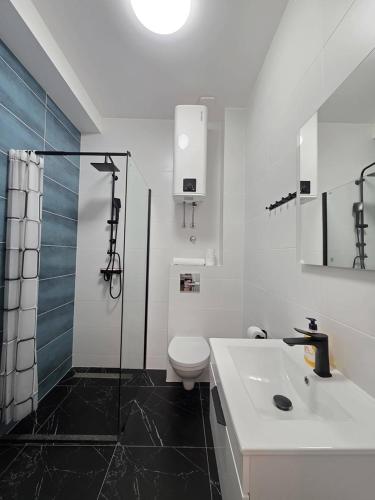a white bathroom with a toilet and a sink at Apartments Sunce in Podaca