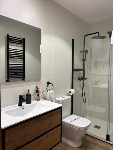 a bathroom with a sink and a toilet and a shower at Apartamentos Fuente La Pipa in Avín