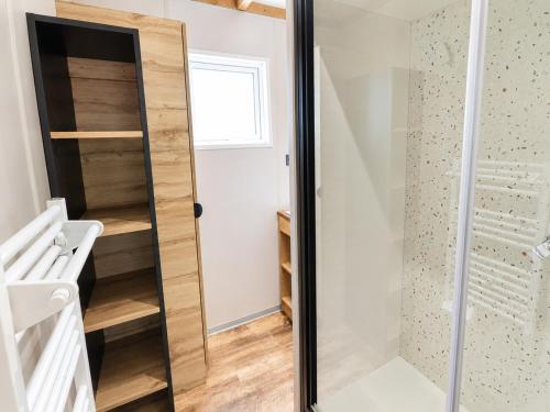 a bathroom with a glass shower door next to a toilet at Villages de Chalets et camping La Pierre de l'Aigle in La Bréole