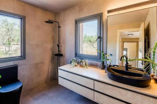 a bathroom with a sink and a mirror at Terra Rossa in Plytra