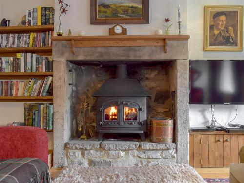 a fireplace with a fire in it in a living room at Cam Cottage in Kettlewell
