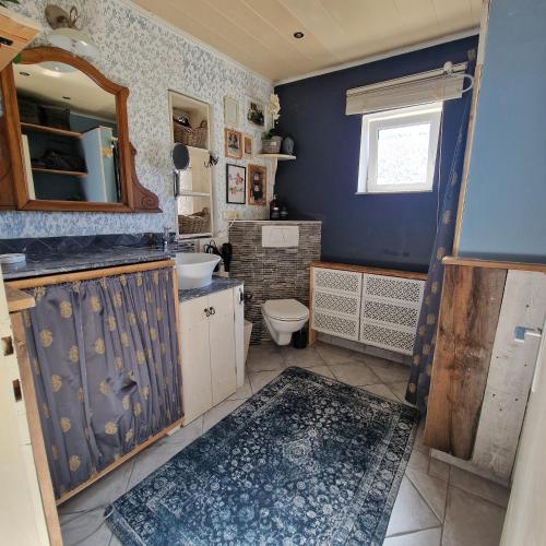 a bathroom with a toilet and a sink and a mirror at Seelenversteck Oberaichwald in Latschach