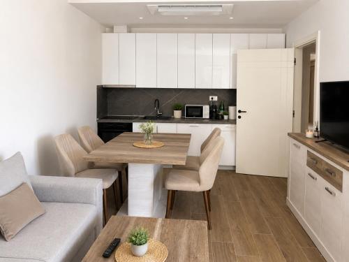 a kitchen and living room with a table and a couch at Our story Apartment in Milovići