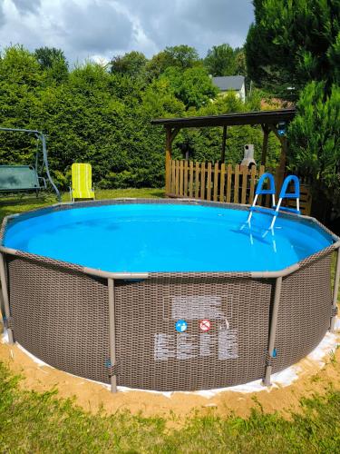 a large swimming pool with a metal fence around it at Villa Plischke in Lipova Lazne