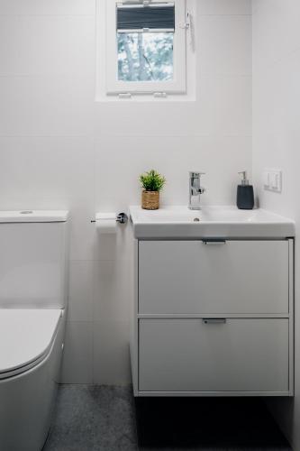 a white bathroom with a sink and a toilet at Sosnowe Tarasy in Boszkowo-Letnisko