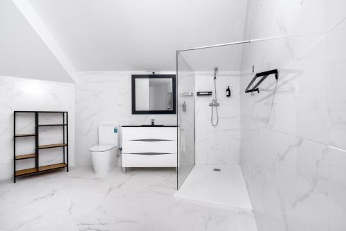 a white bathroom with a shower and a toilet at AL Hirondelle in Sernancelhe