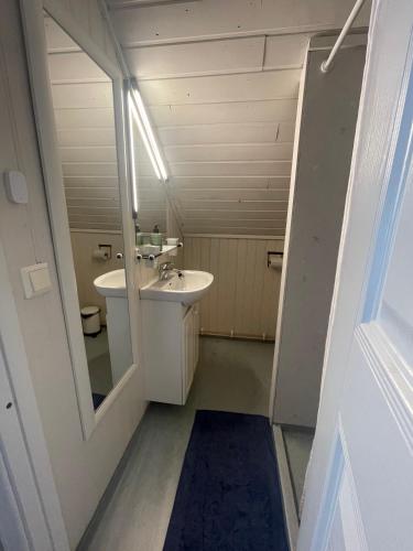 a bathroom with a sink and a mirror at Apartment at Prästtorp in Brastad