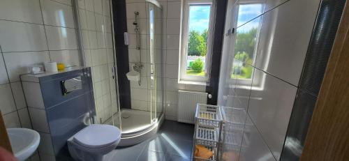a bathroom with a toilet and a shower with a window at Villa Rekin in Grzybowo