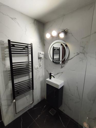 a bathroom with a sink and a mirror at Casa Drăgan in Novaci-Străini