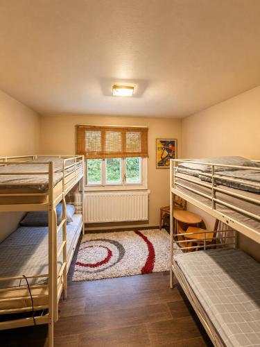 a room with three bunk beds and a window at Basecamproll in Pec pod Snezkou