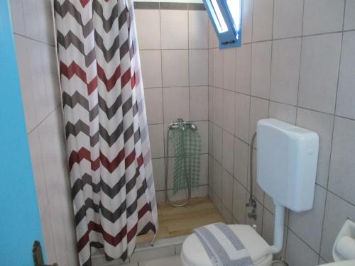 a bathroom with a toilet and a shower curtain at Iliotropio Ligia in Ligia