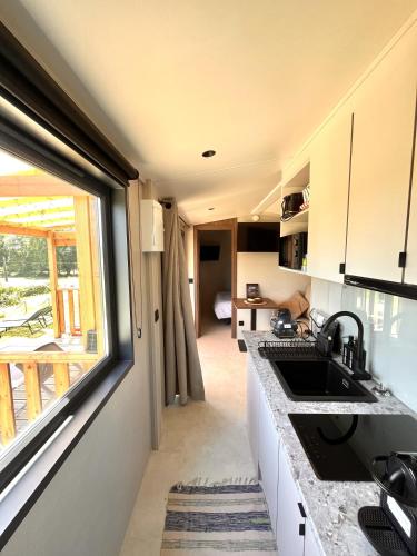 a kitchen with a sink and a large window at O'BARA Lodge - Tiny House - Jardin et climatisation in Druillat