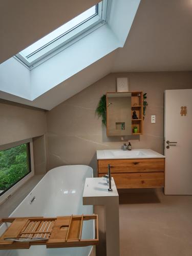 a bathroom with a bath tub and a sink at ZenHouseApartment in Ljubno