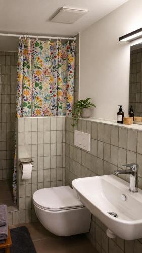 a bathroom with a sink and a toilet and a shower curtain at Union Lodge Fabrik in Bern