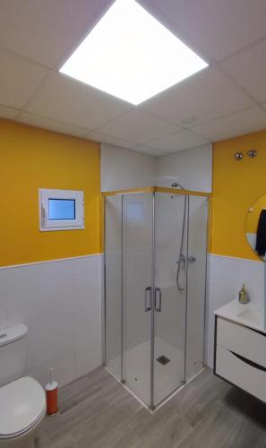 a bathroom with a shower and a toilet at Albergue Vía Vitae in Otur