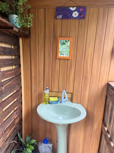a bathroom with a white sink in a house at Abrigo e Camping Recanto das Arvores in Itamonte