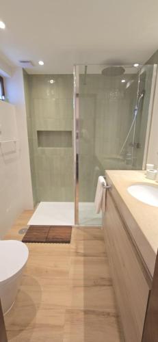 a bathroom with a shower and a toilet and a sink at At the beach with a private garden in Carcavelos
