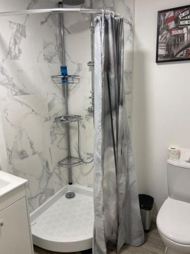 a bathroom with a shower curtain and a toilet at Studio cosy au vieux centre in Cormeilles-en-Parisis