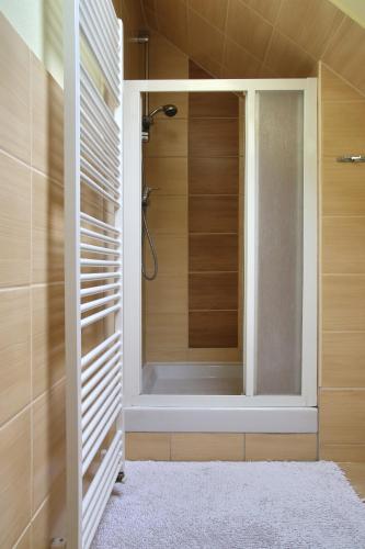 a bathroom with a shower with a window at Penzión Pri Mlyne in Nitra