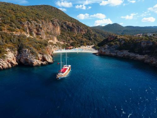 an aerial view of a boat in a body of water at Blue Cruise in Kas