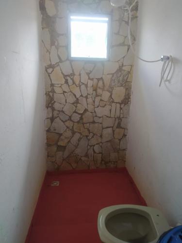 a bathroom with a stone wall and a toilet at Camping do edmar in São Roque de Minas
