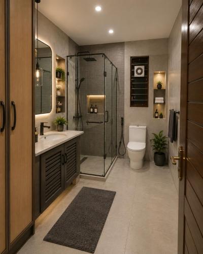 a bathroom with a shower and a sink and a toilet at Guest Villa in Lāsezai