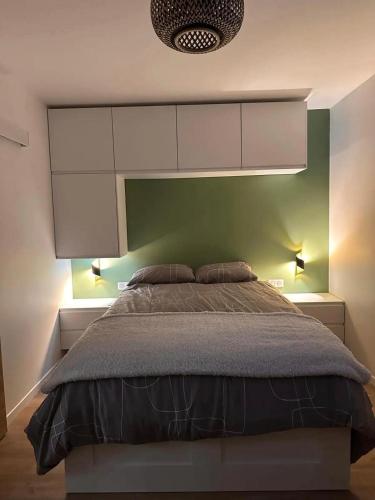 a bedroom with a bed and a green wall at Panorama Deluxe in Rosny-sous-Bois