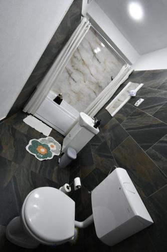 an overhead view of a bathroom with a toilet at Mural Art Apartament in Petroşani