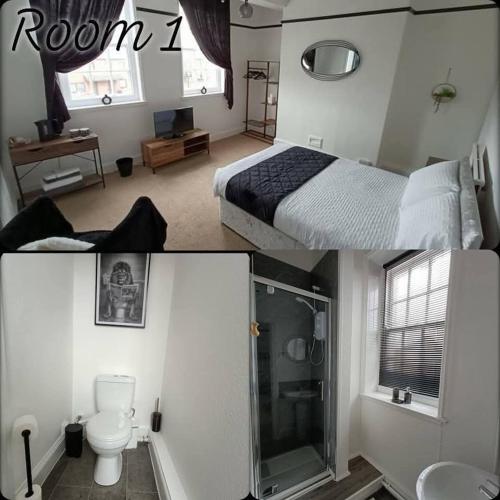 two pictures of a bedroom with a bed and a bathroom at Edinburgh Arms in York