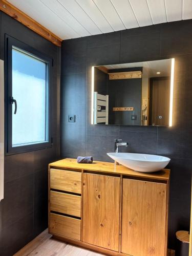 a bathroom with a sink and a mirror at Tiny house chalet montagnard in Arcizans-Dessus