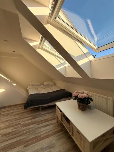 a attic bedroom with a bed and a skylight at Apartmán Bílé Karpaty in Strání