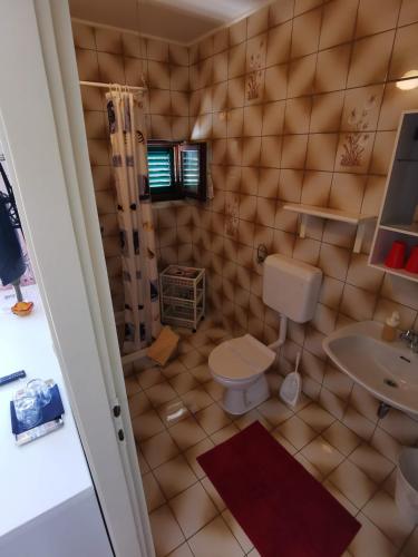 a bathroom with a toilet and a sink at Room`s Brica in Barbat na Rabu