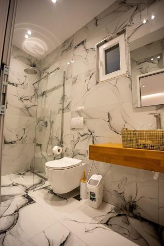 a bathroom with white marble walls and a toilet at Vila Elezi 2 in Tirana