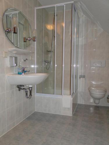 a bathroom with a sink and a shower and a toilet at Zur Alten Brauerei in Jessen