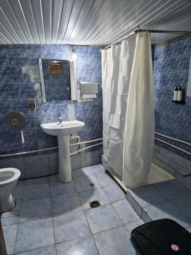 a bathroom with a sink and a shower and a toilet at Hotel Front Castle in Shatili
