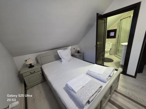 a bedroom with a bed with a mirror and a bathroom at Pensiunea Daria Putna in Putna