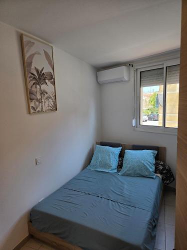a bedroom with a bed with blue sheets and a window at small and cozy in Perpignan
