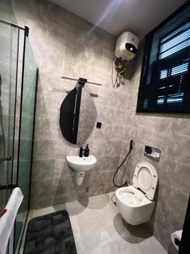 a bathroom with a toilet and a sink and a shower at Fa Apartment in Lekki