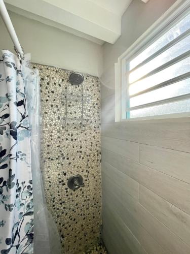 a bathroom with a shower with a shower curtain at Modern 4BR Oasis in Bayamón