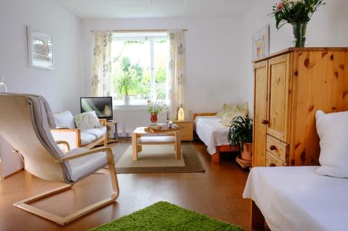 uma sala de estar com uma cama, um sofá e uma cadeira em Rhein River Guesthouse - direkt am Rhein em Leverkusen