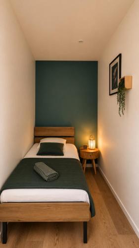 a bedroom with a bed with a green wall at Terre d'Oasis - HyperCentre in Besançon
