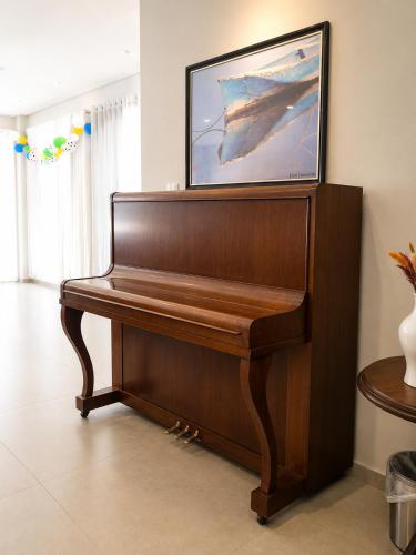 a brown piano in a room with a painting on the wall at Hotel Mazzuco in Araranguá